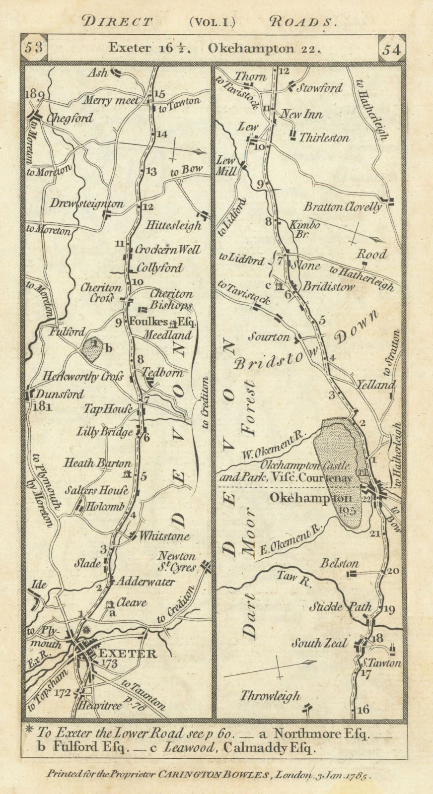 Exeter - Chagford - Okehampton - Bridestowe road strip map PATERSON 1785